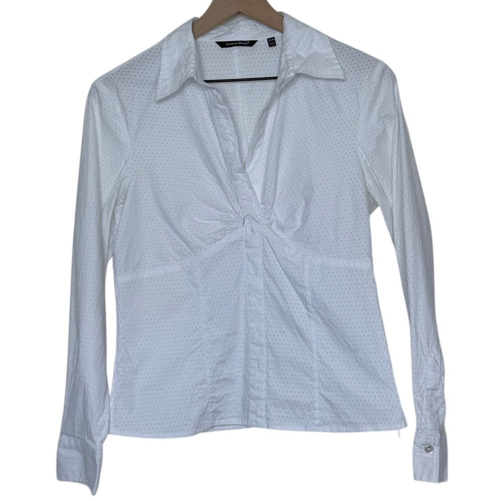 Samuel Dong Medium Twist Front Dotted White Collared Blouse Designer Career